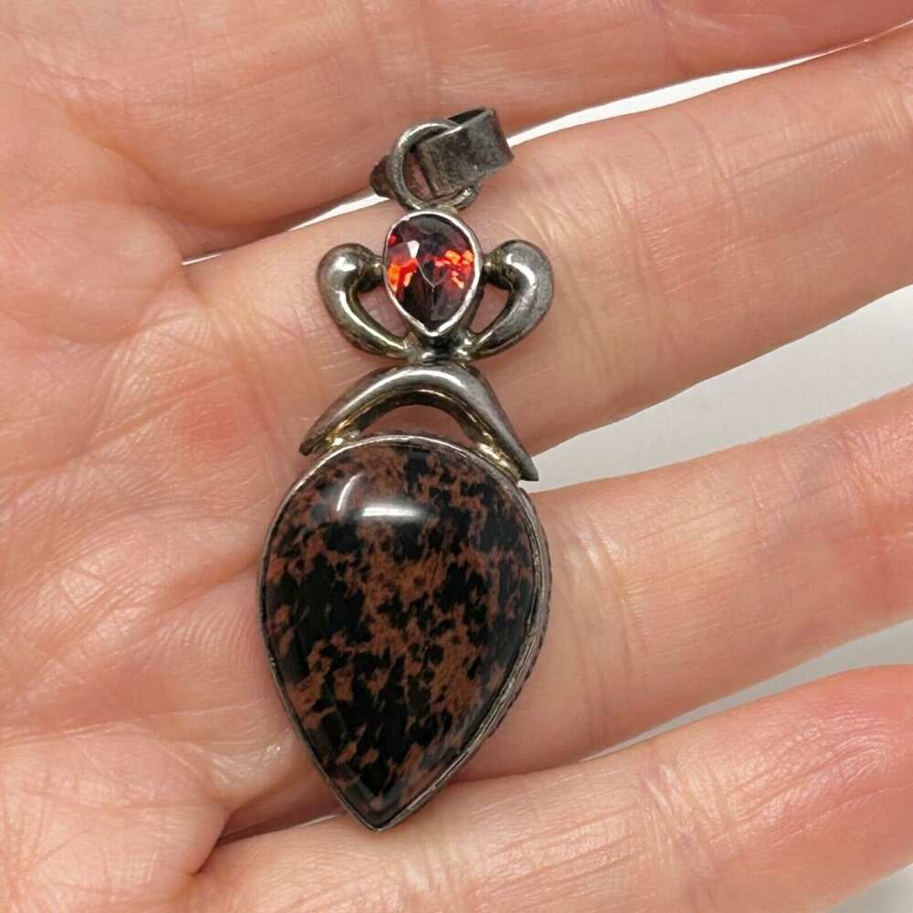 Vtg Natural Mahogany Obsidian 925 Sterling Silver Pendant w/Gemstone Boho Hippie